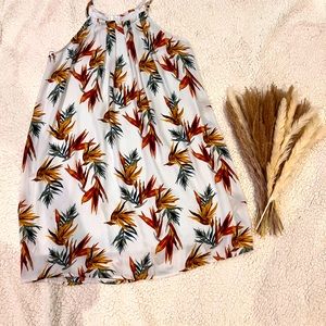 White Floral Halter Knee Length Dress